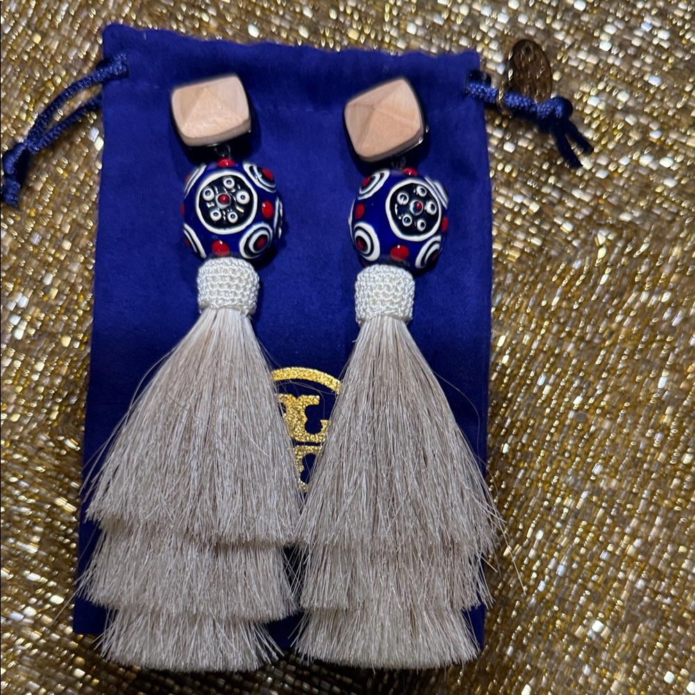 Tory Burch Elegant Beige and Blue Mohair Tassel Clip-on Earrings